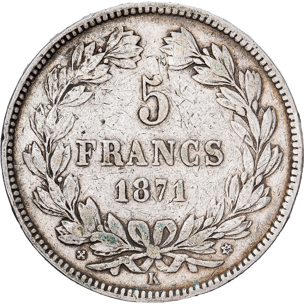 Francja, 5 Francs, Cérès, 1871, Bordeaux, Srebro, VF(20-25), KM:818.2