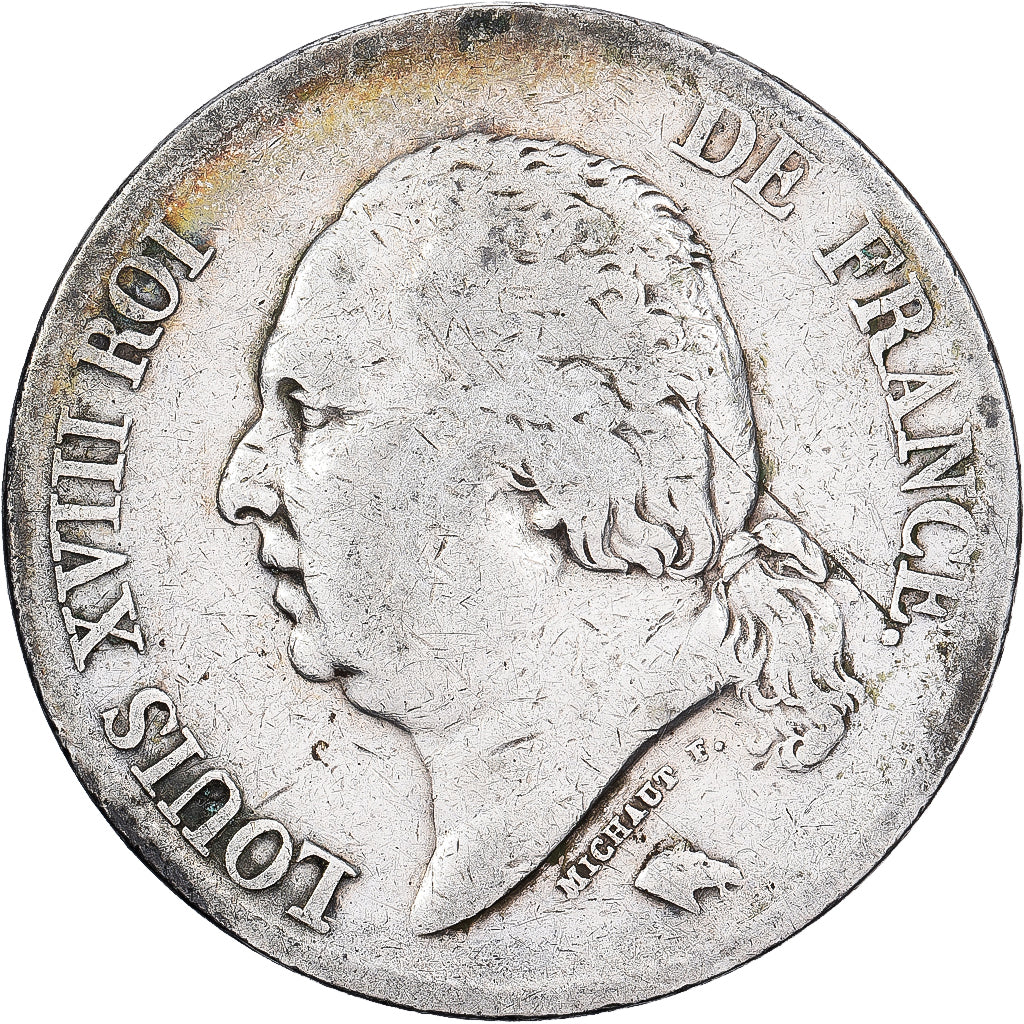 Francia, Louis XVIII, 5 Francs, Louis XVIII, 1824, Lille, Plata, BC+, KM:711.13