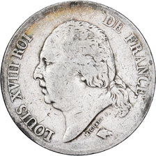 Francia, Louis XVIII, 5 Francs, Louis XVIII, 1824, Lille, Plata, BC+, KM:711.13
