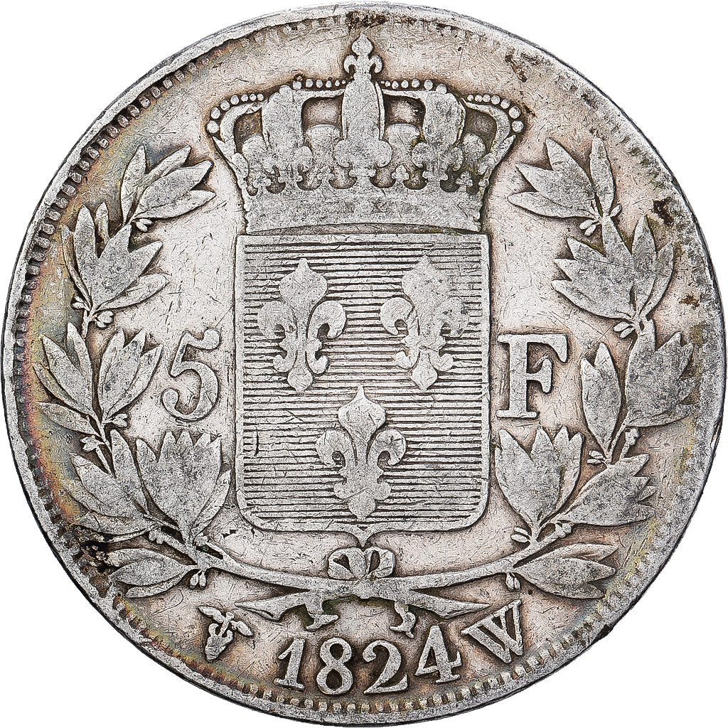 Francia, Louis XVIII, 5 Francs, Louis XVIII, 1824, Lille, Plata, BC+, KM:711.13