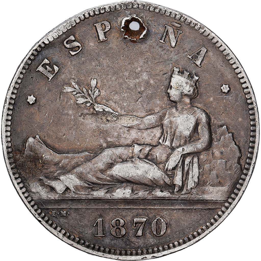 Hiszpania, Provisional Government, 5 Pesetas, 1870, Madrid, Srebro, VF(30-35)