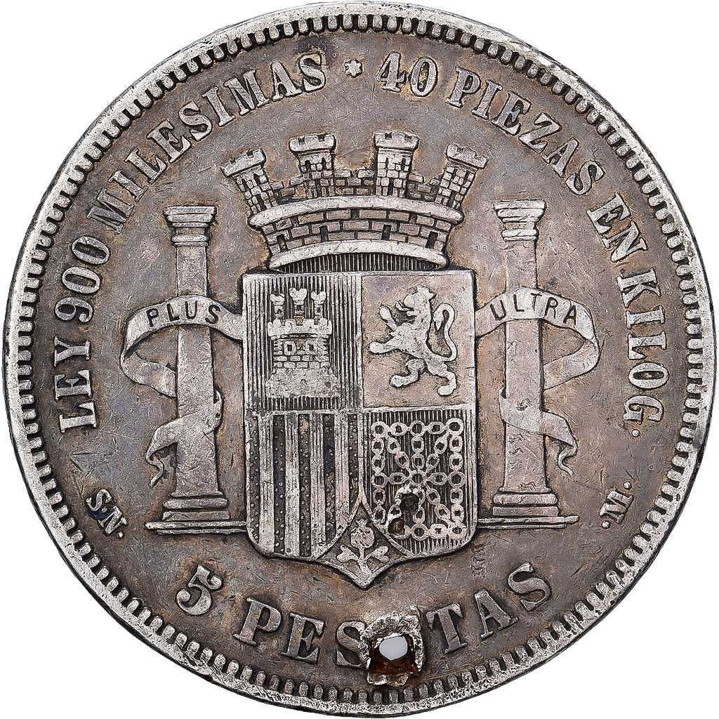 Hiszpania, Provisional Government, 5 Pesetas, 1870, Madrid, Srebro, VF(30-35)