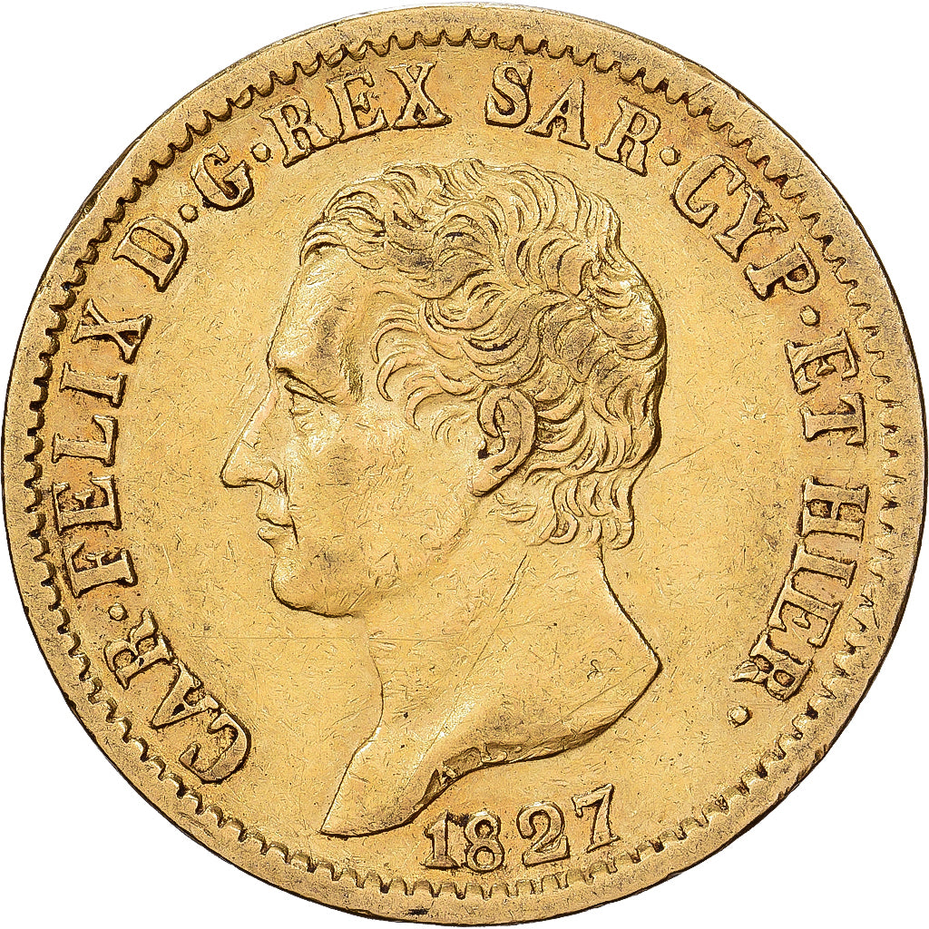 Estados italianos, SARDINIA, Carlo Felice, 20 Lire, 1827, Torino, Oro, MBC+