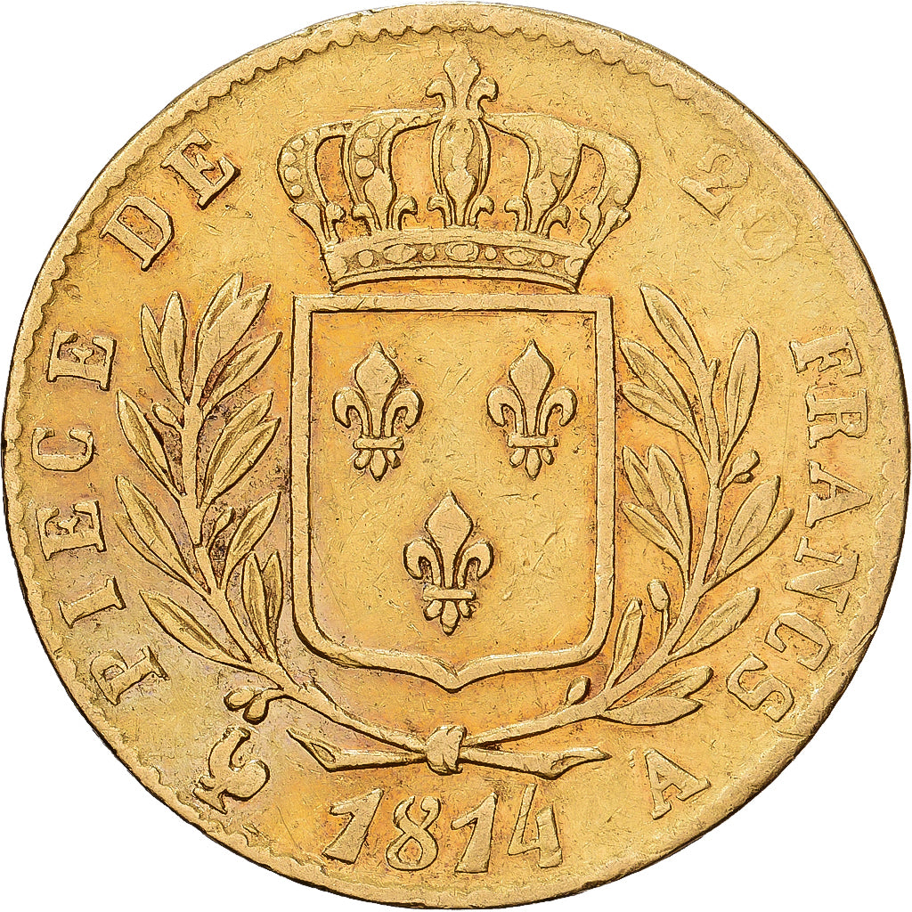 Frankreich, Louis XVIII, 20 Francs, Louis XVIII, 1814, Paris, Gold, S+, KM:706.1