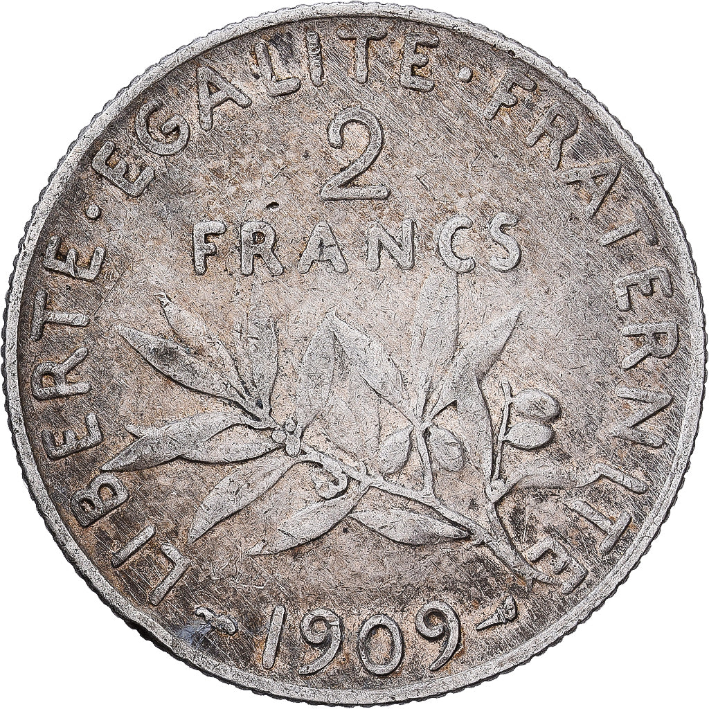 Frankrijk, 2 Francs, Semeuse, 1909, Paris, Zilver, ZF, KM:845.1