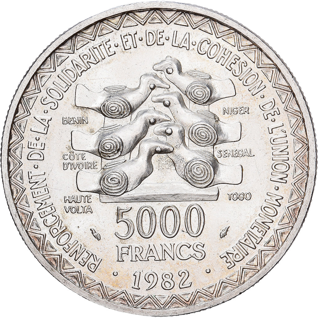 Kraje Afryki Zachodniej, 5000 Francs, 1982, Srebro, MS(60-62), KM:11