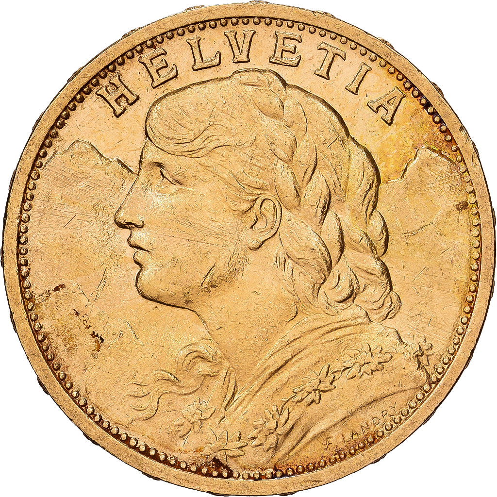 Szwajcaria, 20 Francs, 1909, Bern, Złoto, AU(55-58), KM:35.1