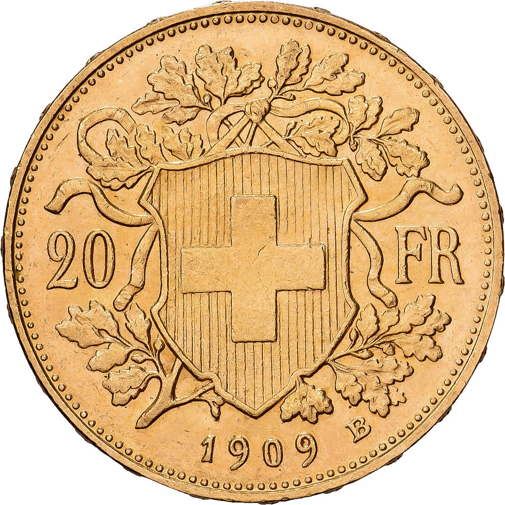 Szwajcaria, 20 Francs, 1909, Bern, Złoto, AU(55-58), KM:35.1