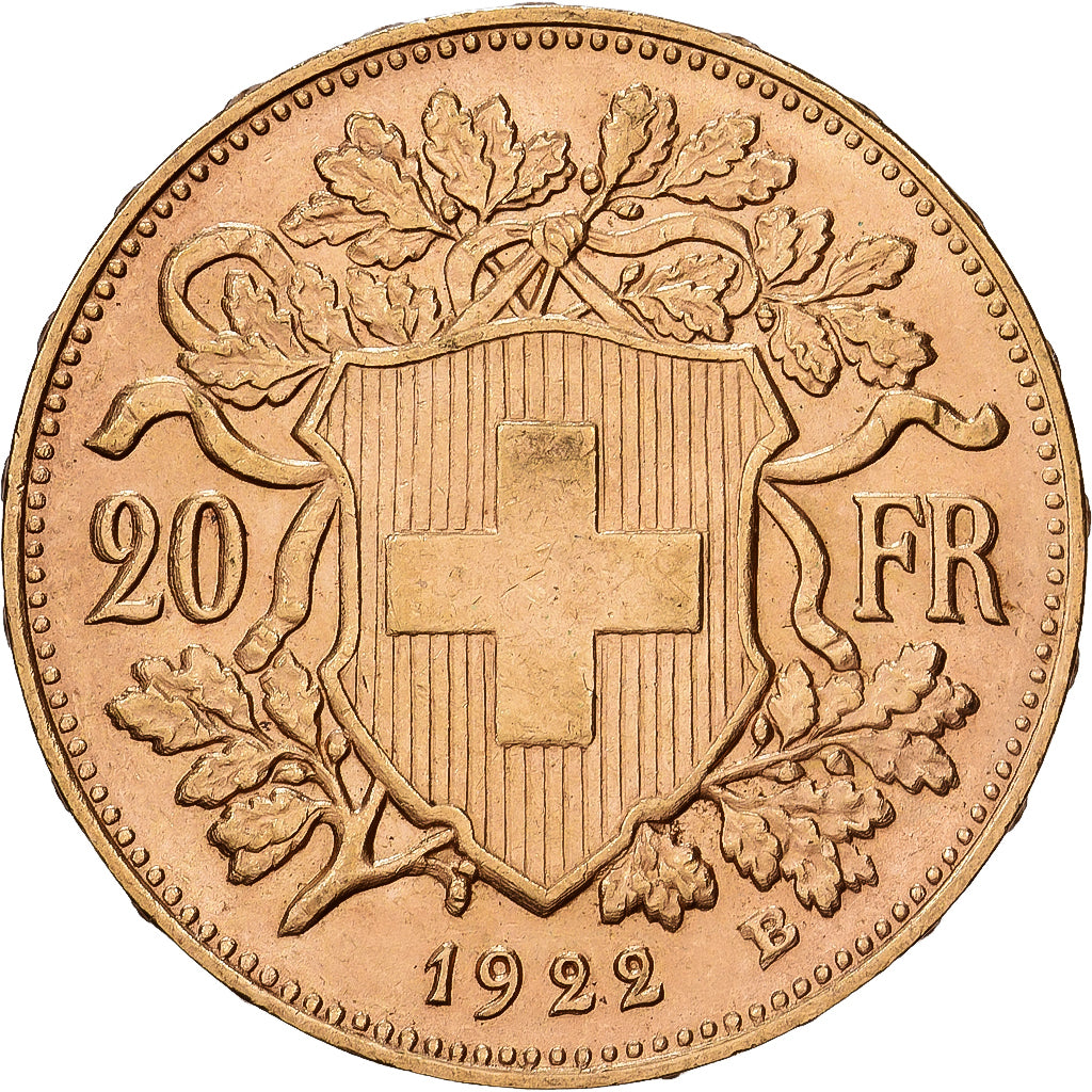 Szwajcaria, 20 Francs, 1922, Bern, Złoto, AU(55-58), KM:35.1