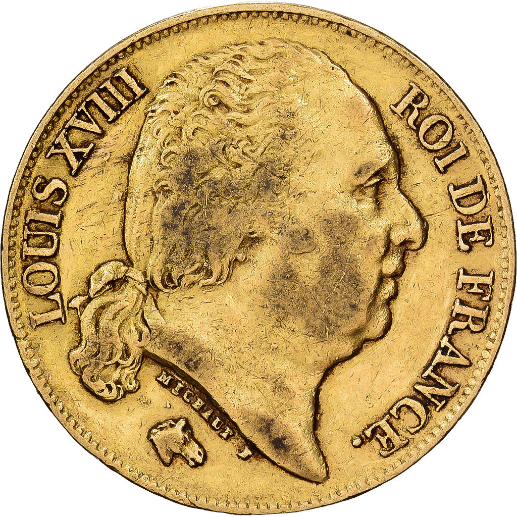 Francja, Louis XVIII, 20 Francs, Louis XVIII, 1818, Lille, Złoto, VF(30-35)