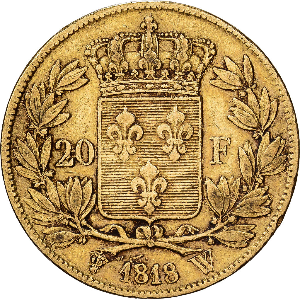 Francja, Louis XVIII, 20 Francs, Louis XVIII, 1818, Lille, Złoto, VF(30-35)