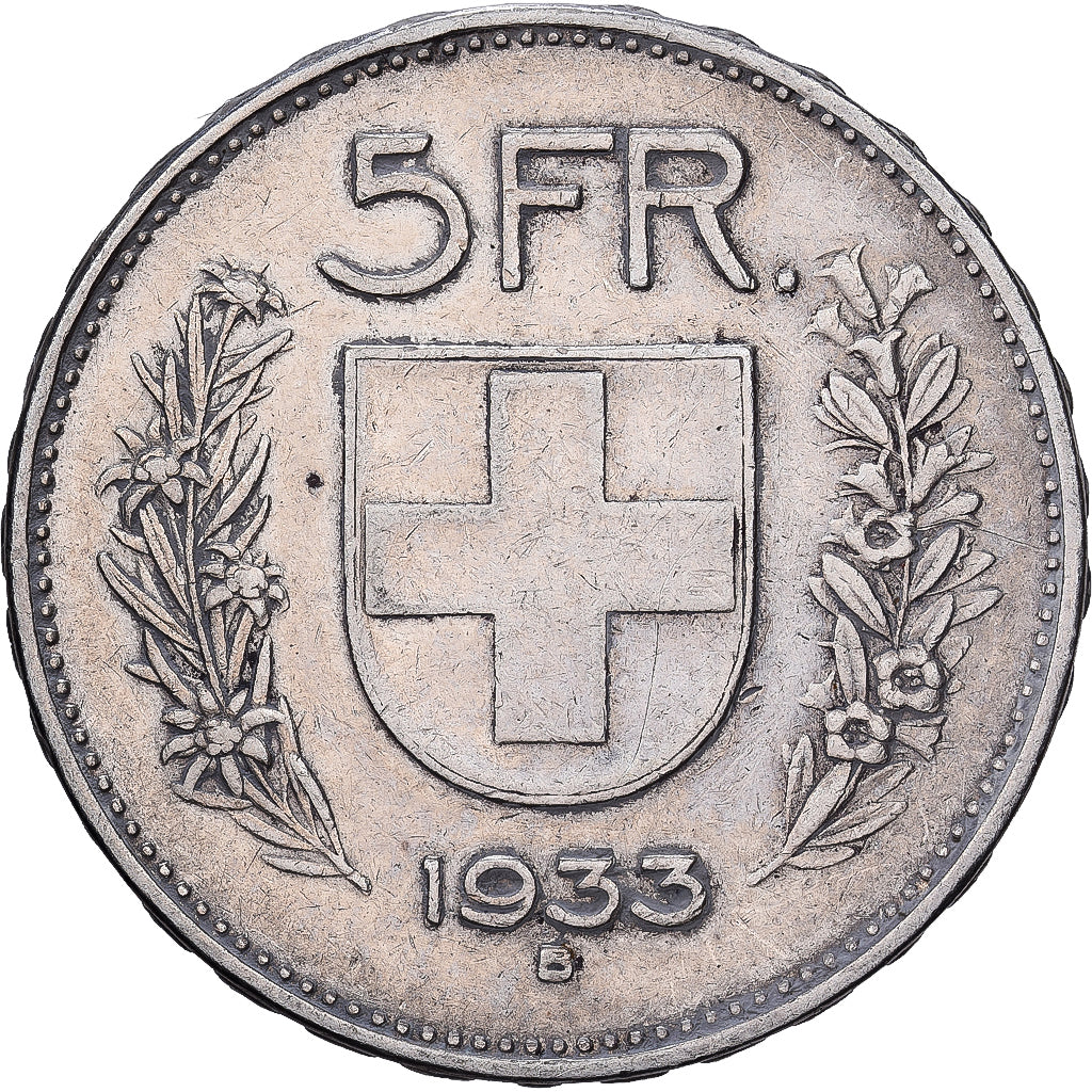 Zwitserland, 5 Francs, 1933, Bern, Zilver, FR+, KM:40
