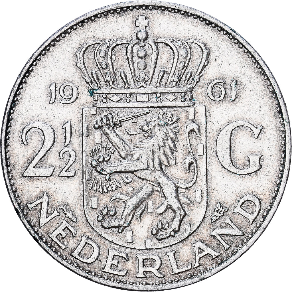 Países Bajos, Juliana, 2-1/2 Gulden, 1961, Plata, BC+, KM:185