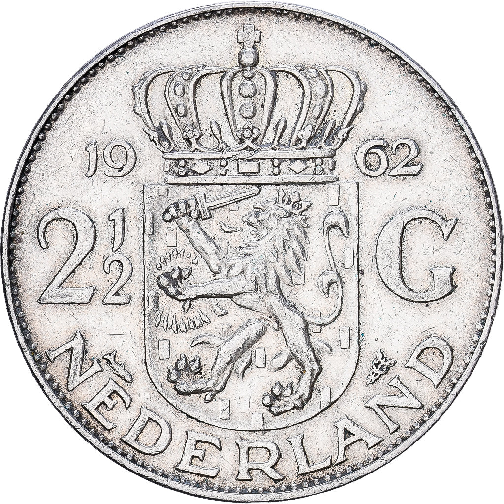 Países Bajos, Juliana, 2-1/2 Gulden, 1962, Plata, BC+, KM:185