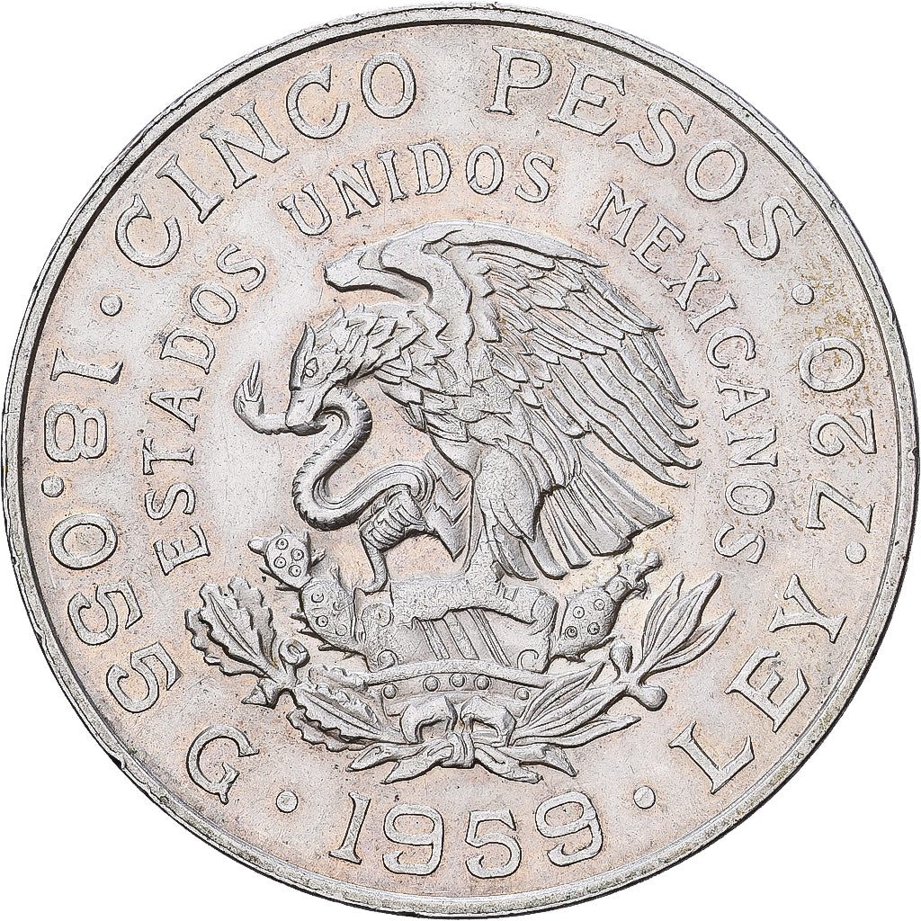 Mexico, 5 Pesos, 1959, Mexico City, Silver, AU(50-53), KM:471