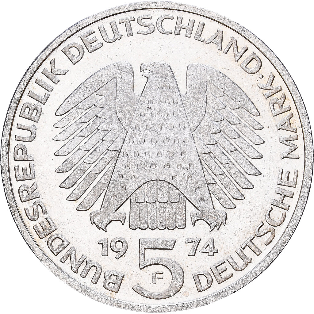 République fédérale d'Allemagne, 5 Mark, 1974, Stuttgart, Argent, SUP+