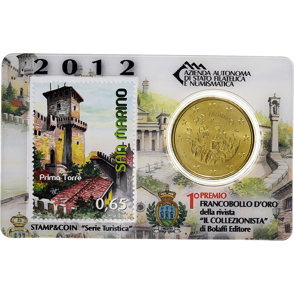 San Marino, 50 Euro Cent + Stamp, Prima Torre, 2012, Rome, Nordic gold, STGL