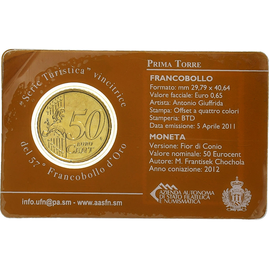 San Marino, 50 Euro Cent + Stamp, Prima Torre, 2012, Rome, Nordic gold, STGL