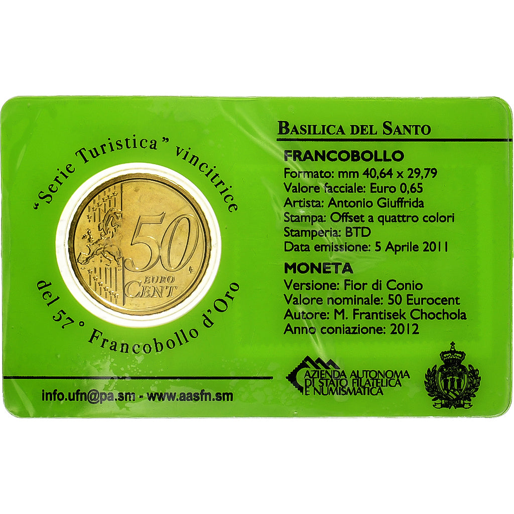 San Marino, 50 Euro Cent + Stamp, Basilica del Santo, 2012, Rome, Nordic gold