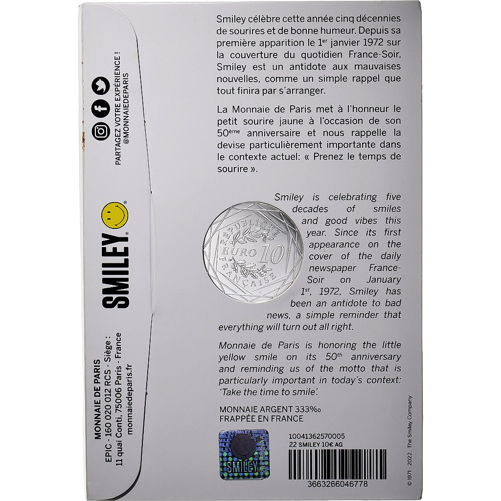 Francia, 10 Euro, Smiley, FS, 2022, Monnaie de Paris, Argento, FDC