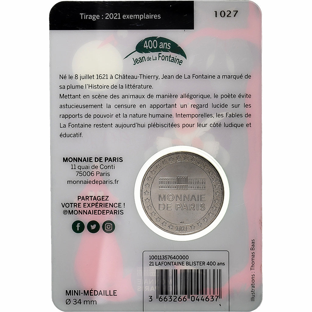 France, Medal, Jean de la Fontaine, 2021, Monnaie de Paris, Copper-nickel