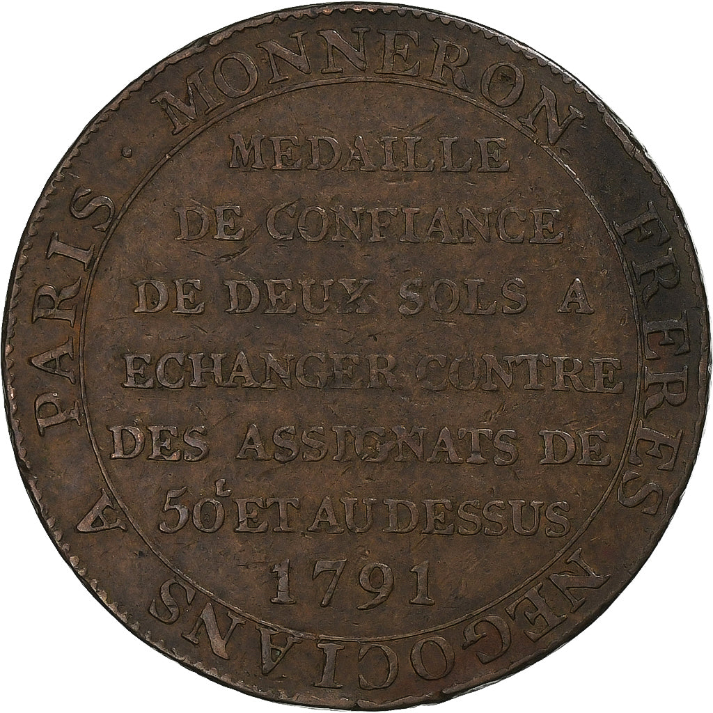France, Monneron de 2 Sols, 1791, Birmingham, Bronze, VF(30-35), KM:Tn23