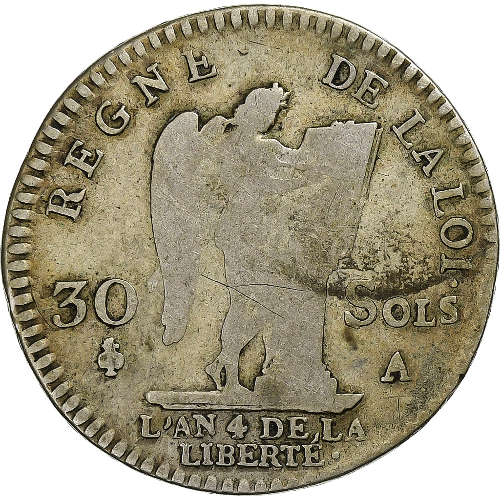 France, Louis XVI, 30 sols françois, 1792 / AN 4, Paris, Silver, VF(20-25)