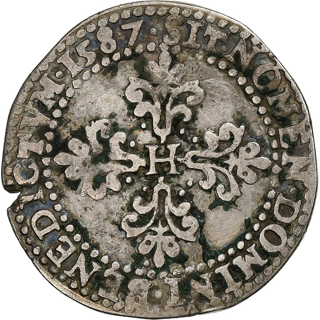 Frankrijk, Henri III, 1/2 Franc au col plat, 1587, Rouen, Zilver, FR