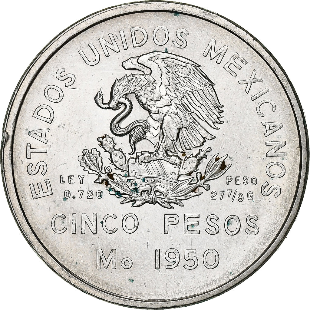Mexico, 5 Pesos, Southeastern Railroad, 1950, Mexico City, Silver, AU(55-58)