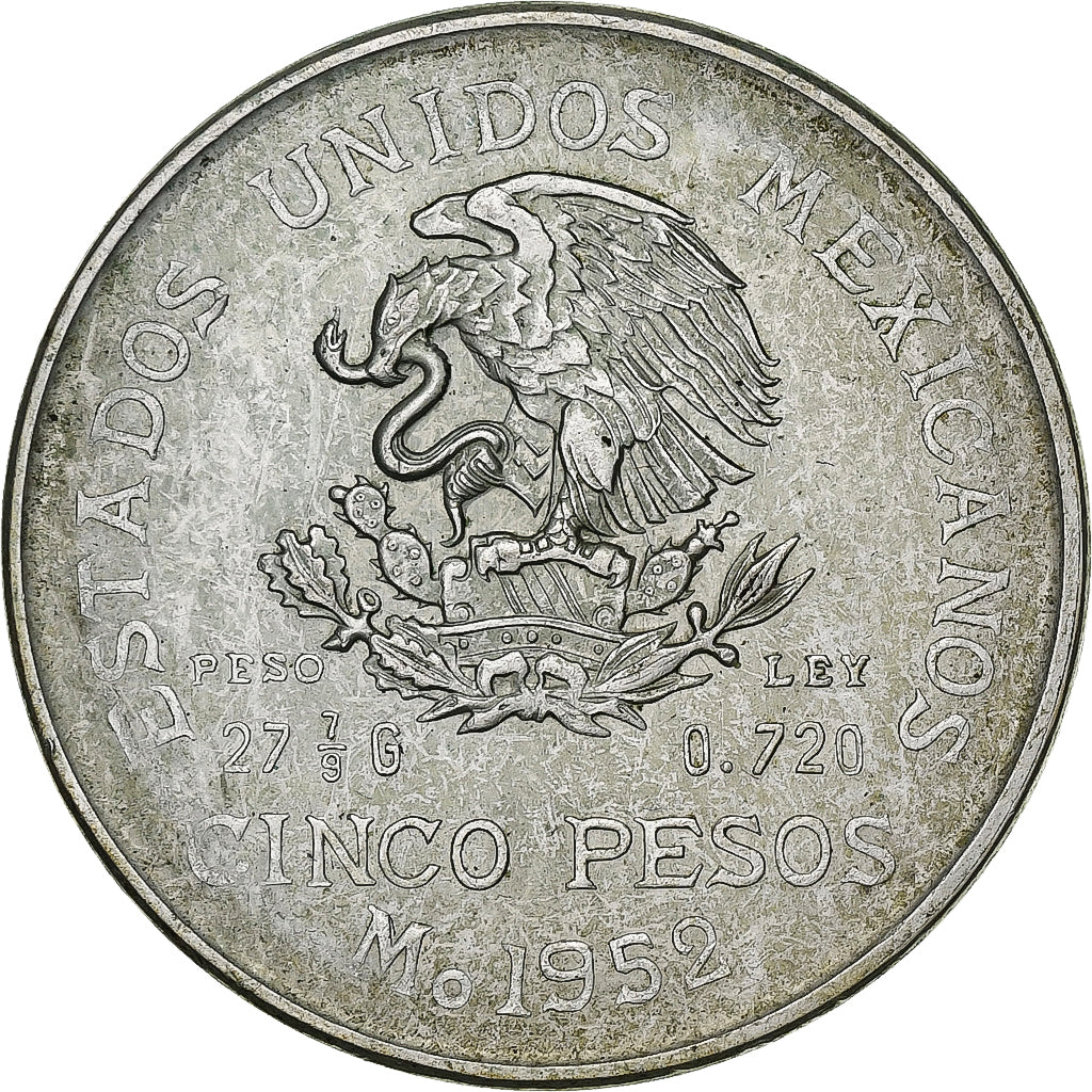Mexico, 5 Pesos, 1952, Mexico City, Silver, AU(50-53), KM:467