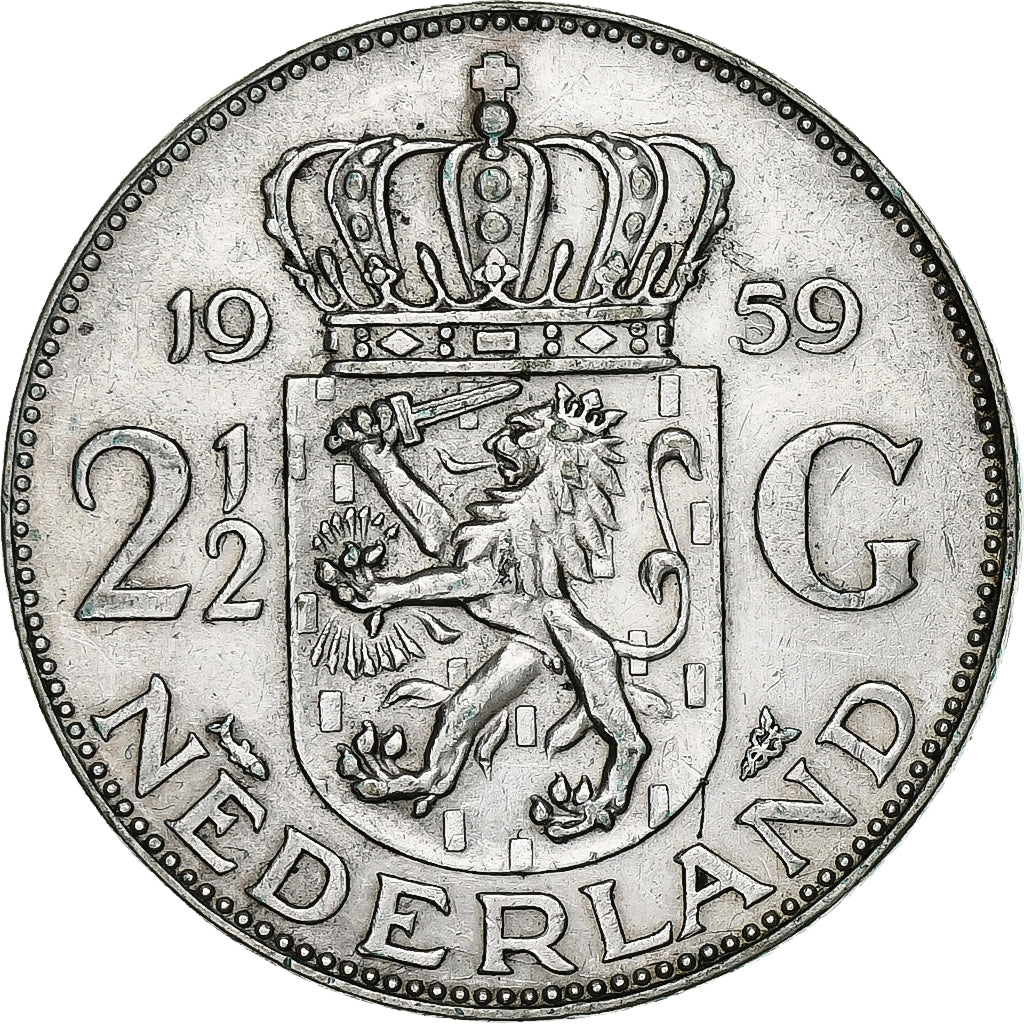 Netherlands, Juliana, 2-1/2 Gulden, 1959, Utrecht, Silver, AU(50-53), KM:185