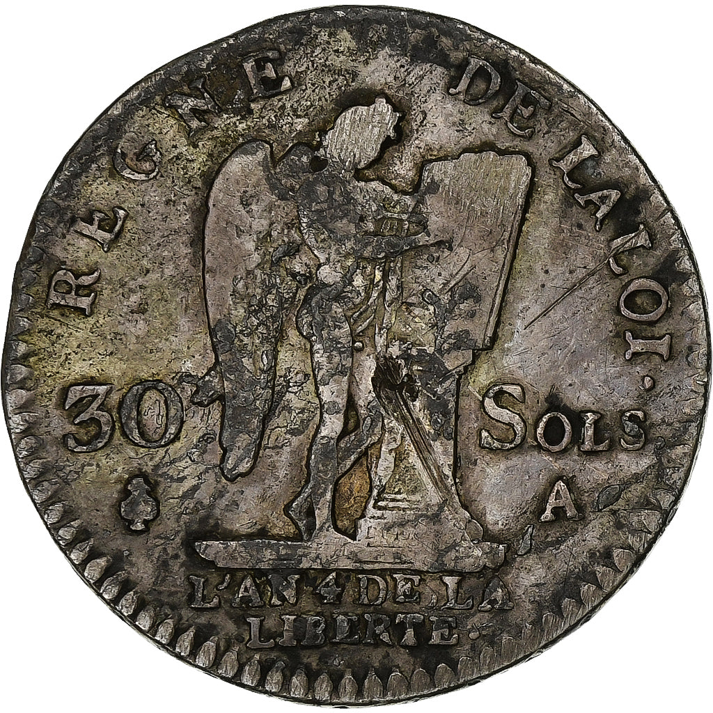 France, Louis XVI, 30 sols françois, 1792 / AN 4, Paris, 2nd semestre, Argent