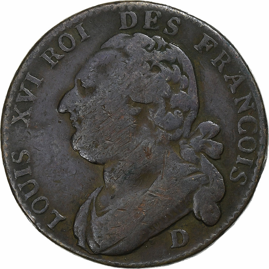 Francja, Louis XVI, 12 Deniers, 1793·5, Lyon, Miedź, VF(30-35), Gadoury:15