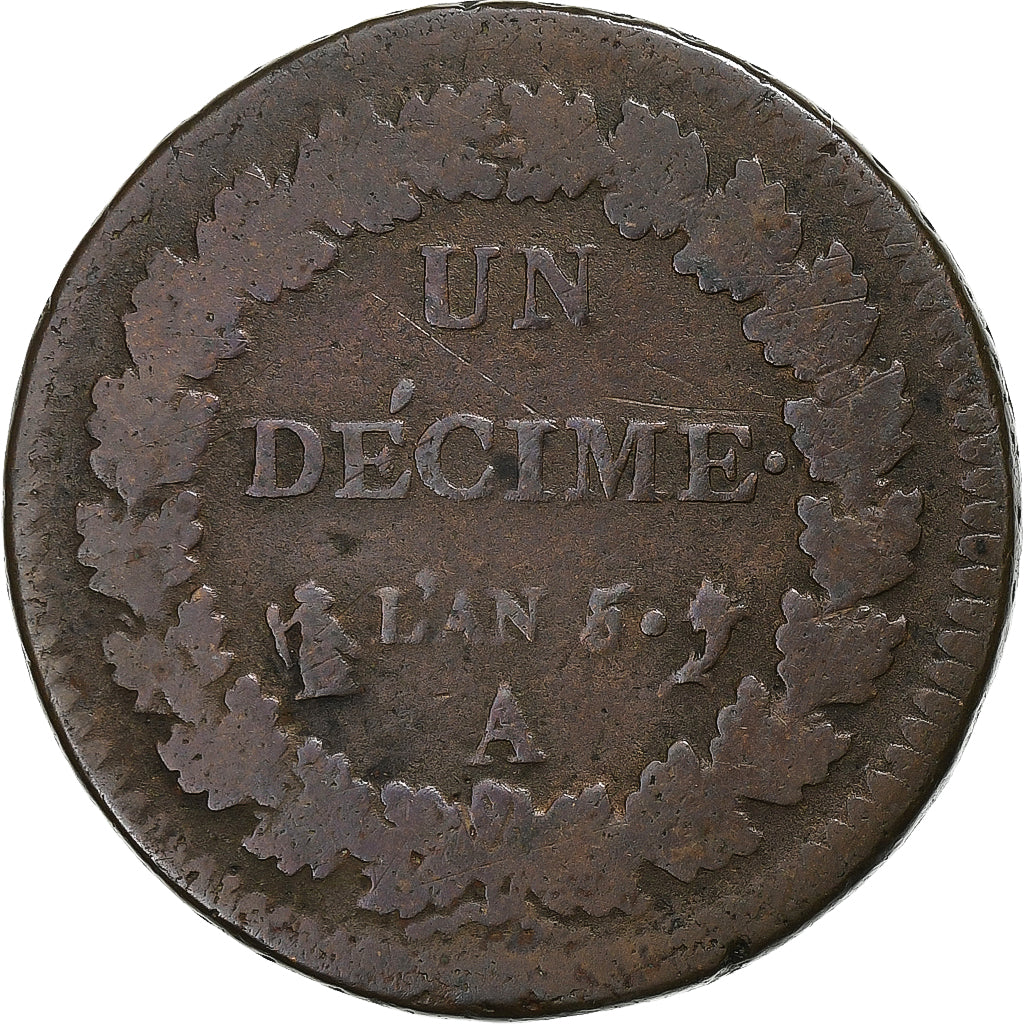 France, Decime, Dupré, AN 5, Paris, Cuivre, TB, Gadoury:187, KM:640