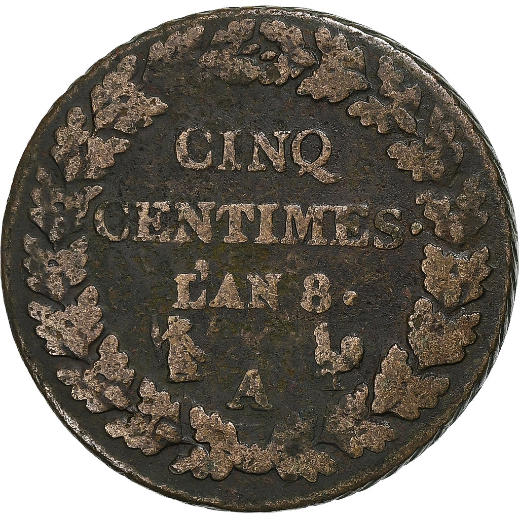 Francia, 5 Centimes, Dupré, AN 8, Paris, Rame, MB, Gadoury:126a, KM:640