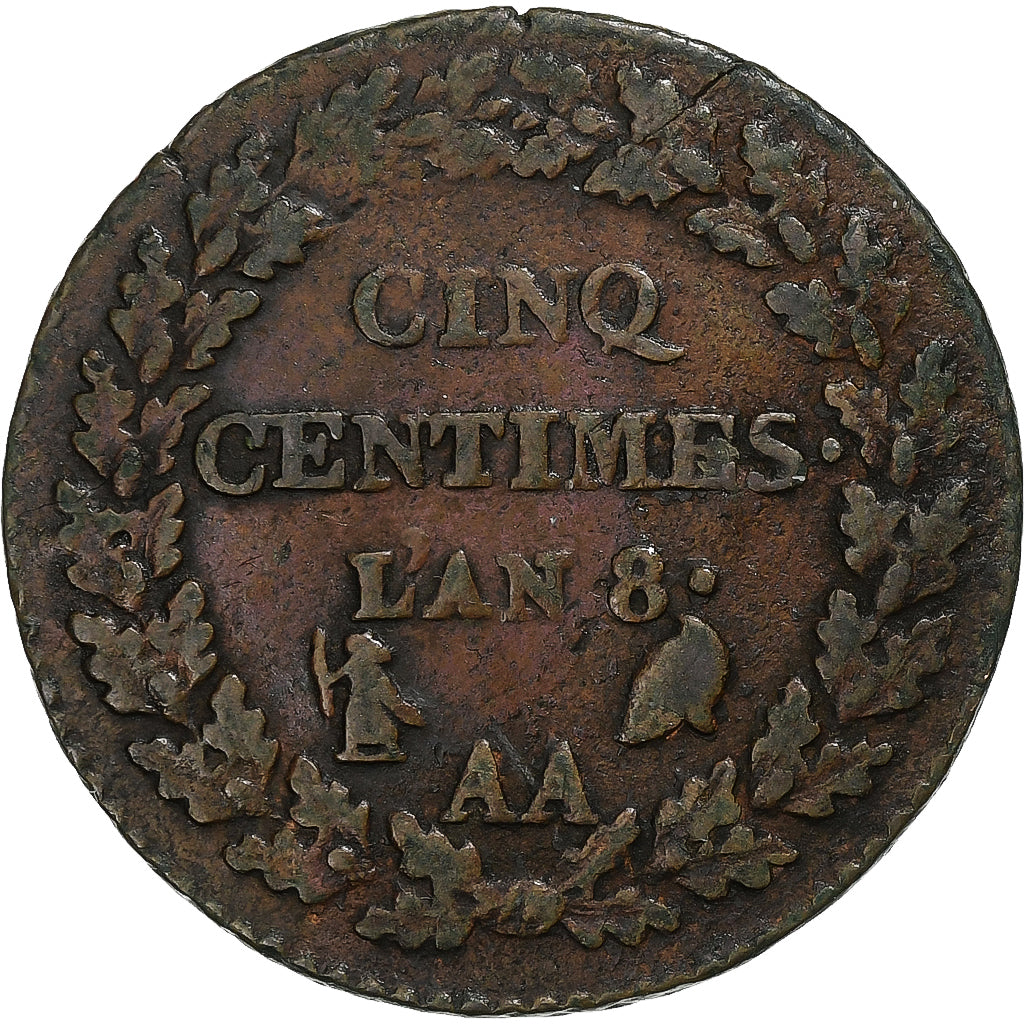 Francja, 5 Centimes, Dupré, AN 8, Metz, Miedź, VF(20-25), Gadoury:126a, KM:640