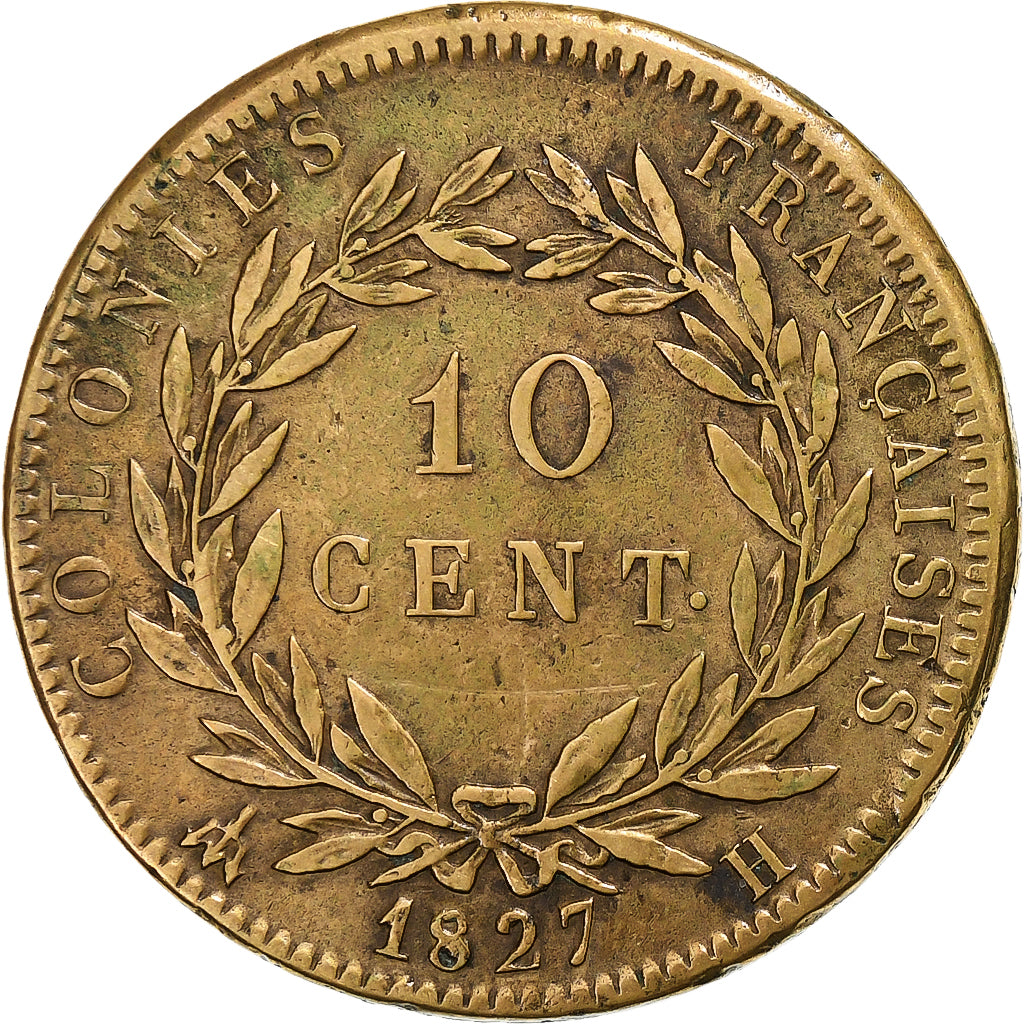 Colonie francesi, Charles X, 10 Centimes, 1827, La Rochelle, Bronzo, BB, KM:11