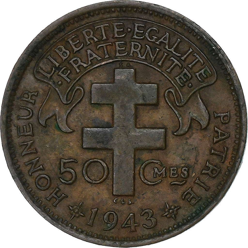 French Equatorial Africa, 50 Centimes, 1943, Pretoria, Bronze, EF(40-45), KM:6