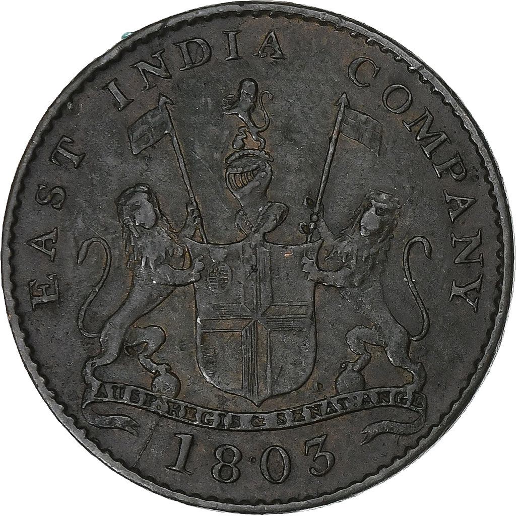 Inde britannique, Présidence de Madras, 5 Cash, 1803, Soho Mint, Bronze, TB+