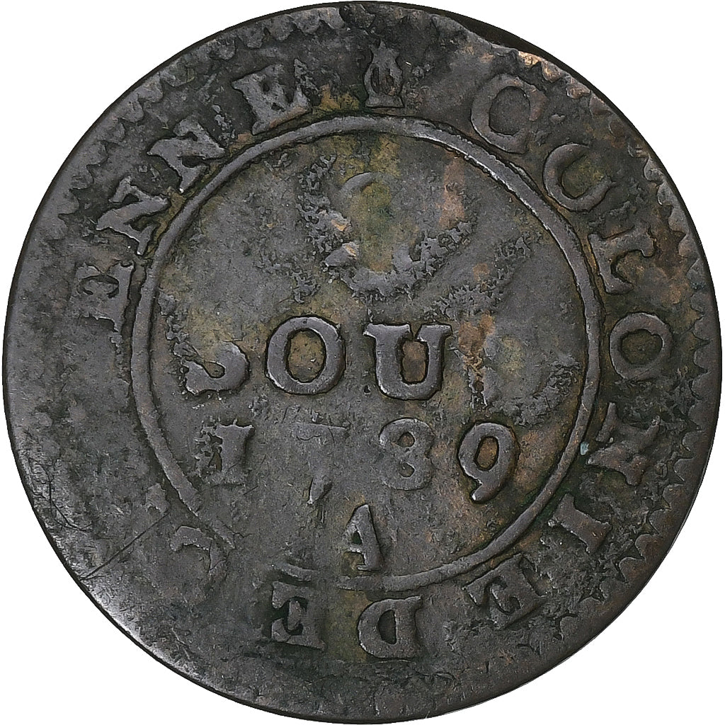 COLÓNIAS FRANCESAS, Louis XVI, 2 Sous, 1789, Paris, Lingote, VF(30-35), KM:1