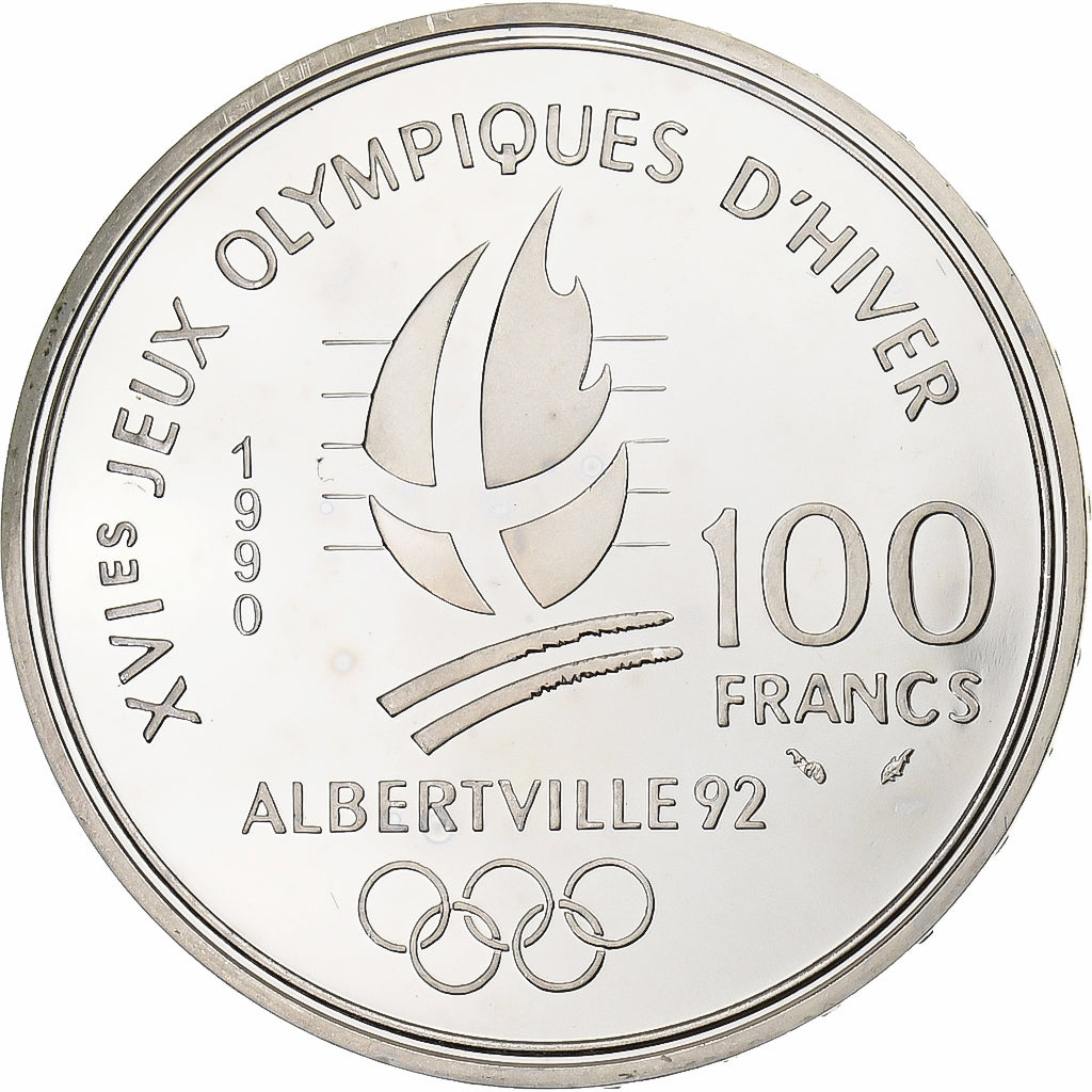 France, 100 Francs, Albertville - Bobsleigh, 1990, Monnaie de Paris, BE, Argent