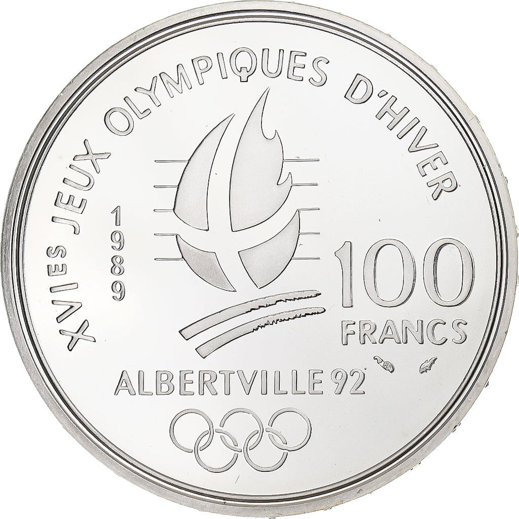 France, 100 Francs, Albertville - Ski Alpin, 1989, Paris, Proof, Silver