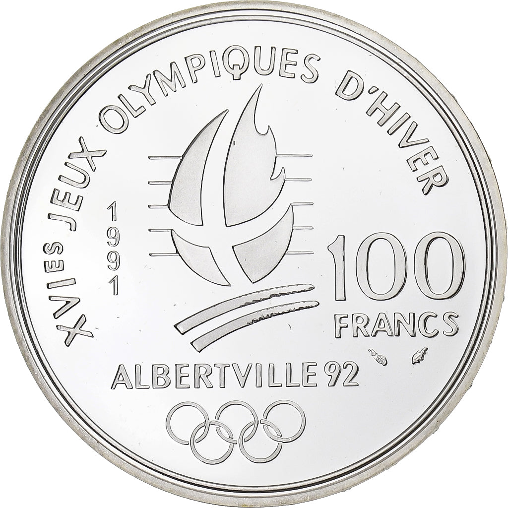 França, 100 Francs, Albertville - Hockey sur glace, 1991, Paris, Proof, Prata