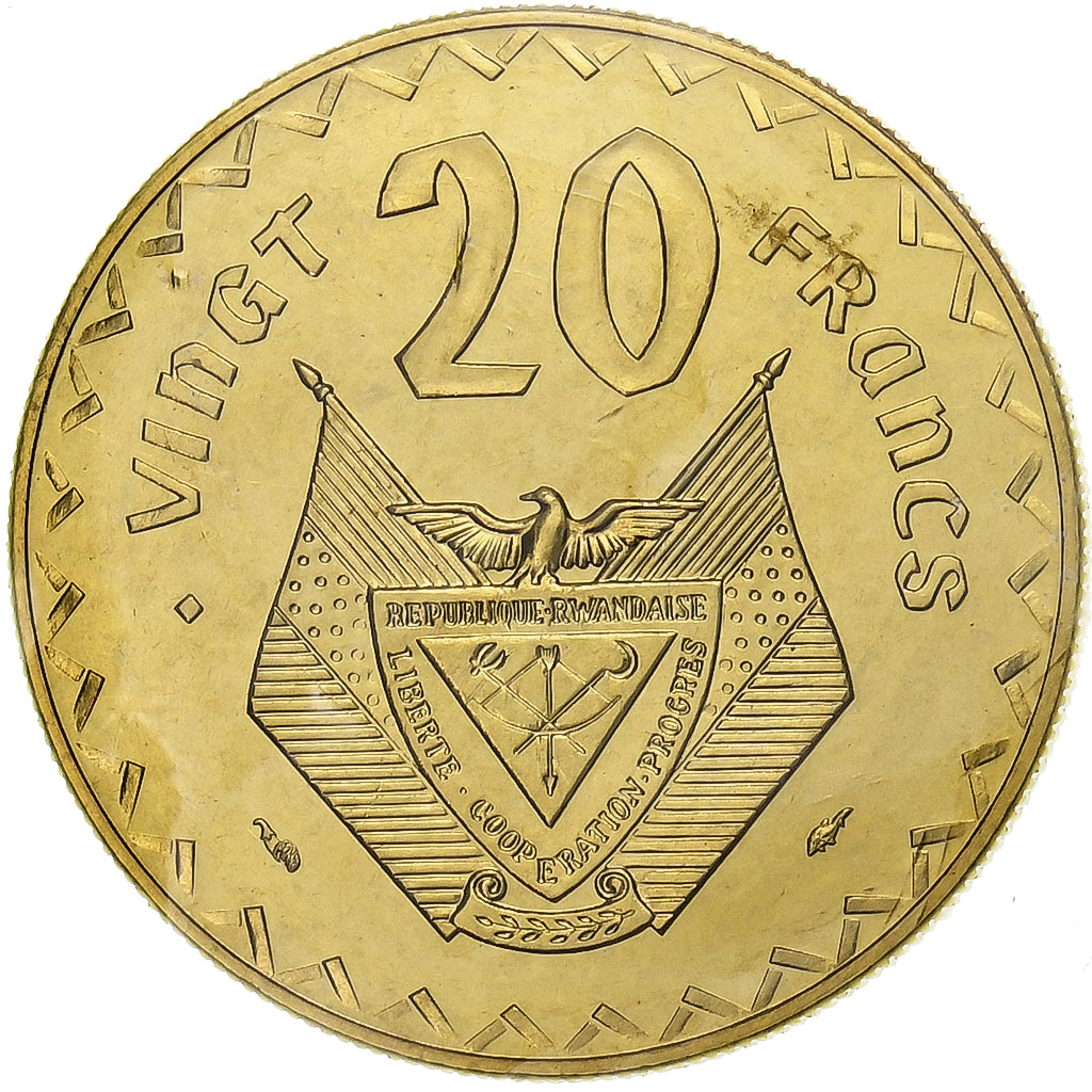 Ruanda, 20 Francs, 1977, Monnaie de Paris, Pattern, Mosiądz, MS(65-70), KM:15