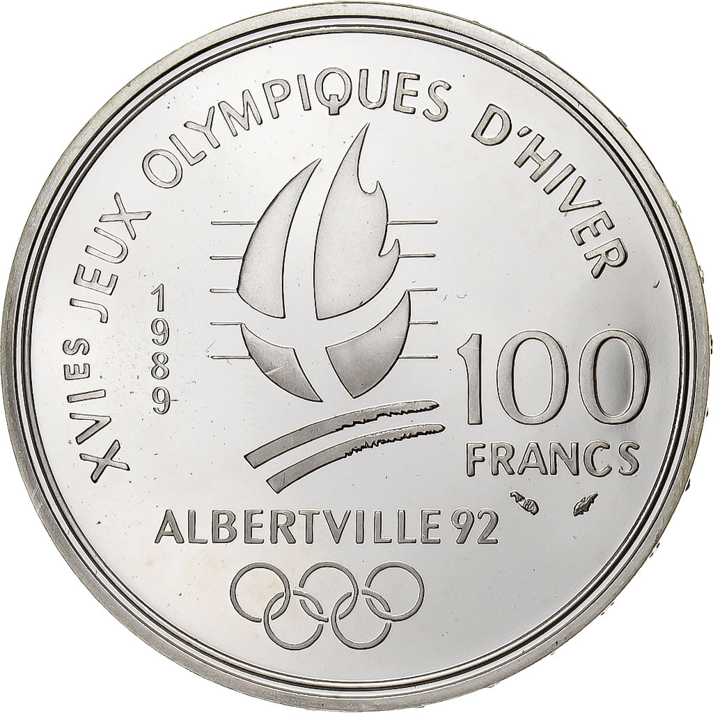France, 100 Francs, Albertville - Ski Alpin, 1989, Paris, Proof, Silver