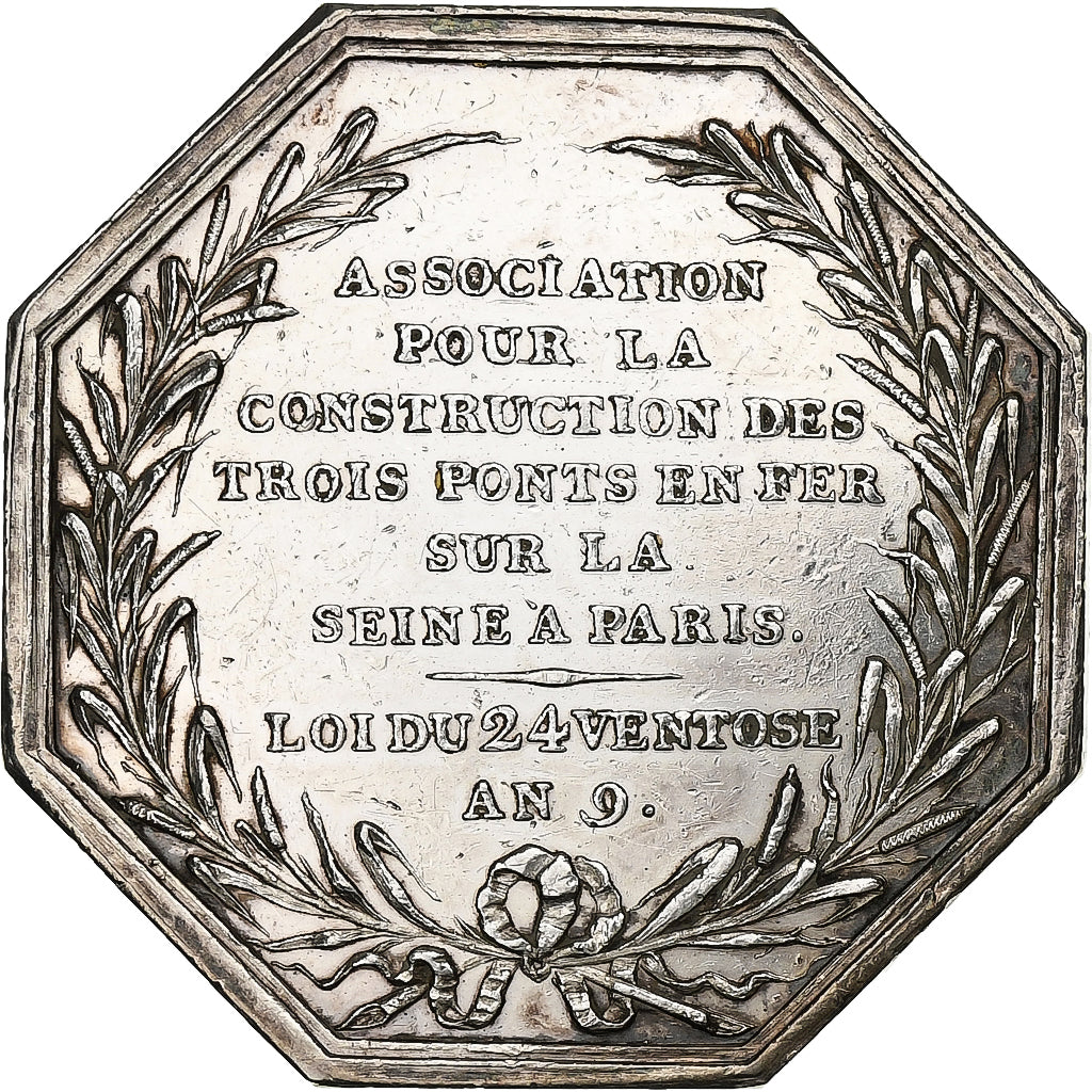 Francia, zeton, Les trois ponts en fer sur la Seine, 1800, Plata, Tiolier, EBC
