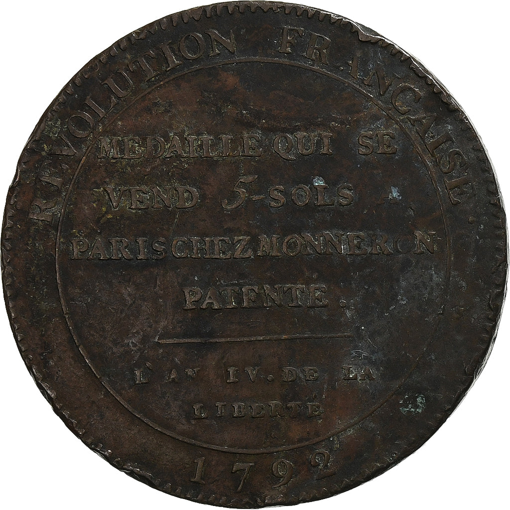 Francia, Monneron de 5 Sols, 1792 / AN 4, Birmingham, Bronzo, MB+