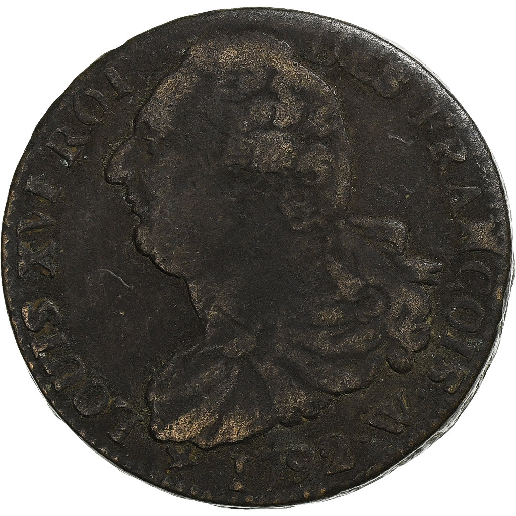 France, Louis XVI, 2 sols François, 1792 / AN 4, Lille, Copper, VF(20-25)