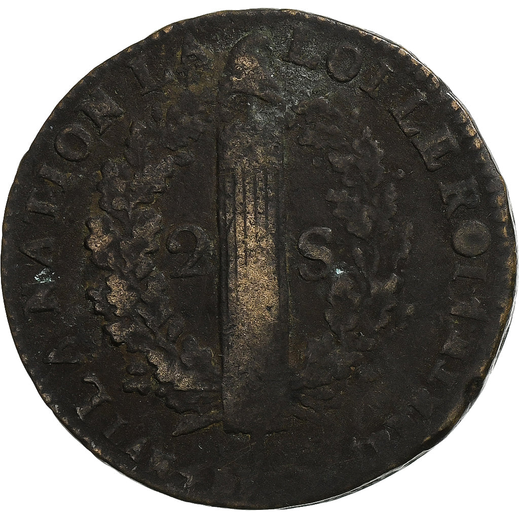 France, Louis XVI, 2 sols François, 1792 / AN 4, Lille, Copper, VF(20-25)