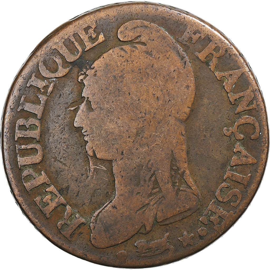 França, 5 Centimes, Dupré, AN 8, Metz, Cobre, VF(20-25), Gadoury:126a